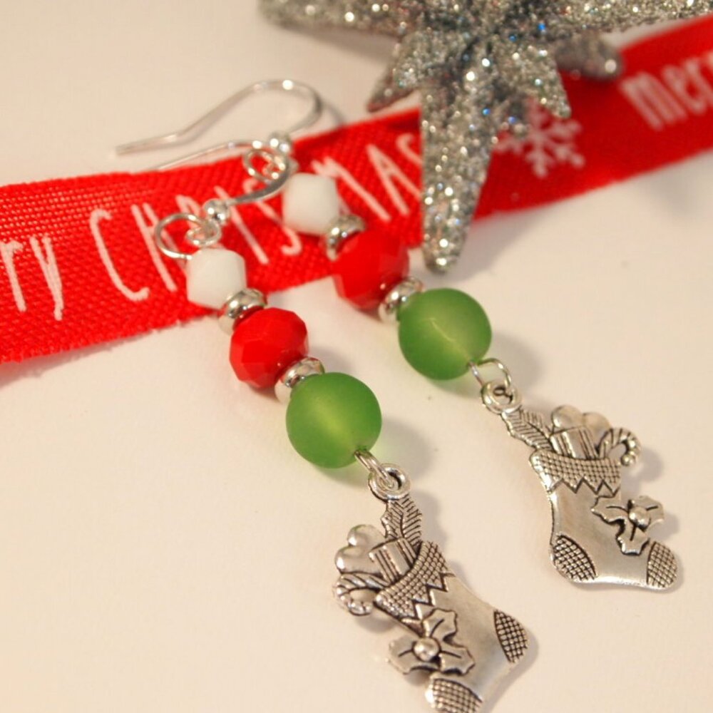 Stocking Earrings Christmas Dangle Pierced or Clip-on Earrings Silver Earrings